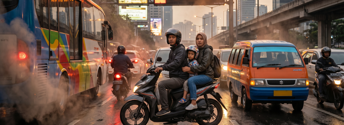 Foto jalan raya yang padat dan berasap dengan pengendara motor